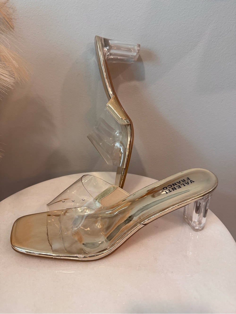 Valenti Franco Gold Trim Clear Strap Mule Heels